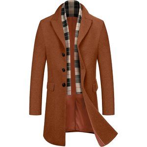 Men's Wool Coat Scarf Notched Collar Single Breasted Pea Coat Trench Overcoat